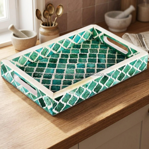 Plateau de service rectangulaire en bois avec incrustation d'os à motif marbré vert, fait main, décoratif, élégant, pour la décoration moderne de la maison - Product Image 1