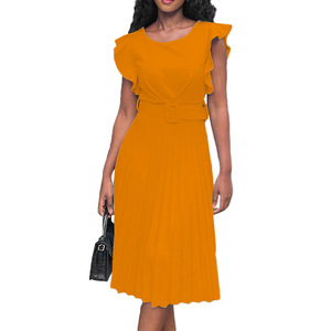 Abito Estivo da Donna con Maniche a Volant, Tinta Unita, Plissettato, Elegante e Semplice per Ufficio, con Cintura - Product Image 6