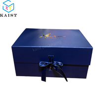 Boîte cadeau pliable bleu marine personnalisée avec ruban et fermeture magnétique, boîte cadeau rigide pliable, emballage plat et imprimable