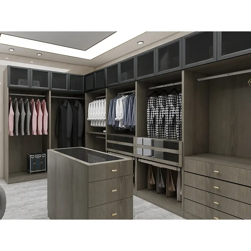 Factory customized modern bedroom wardrobes glass top island closet designs for dressing room