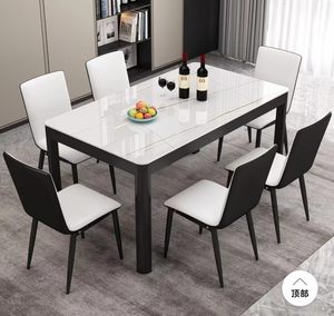 Juego de Comedor Moderno con Mesa Rectangular de Vidrio Templado y 6 Sillas, Estructura Negra, Tapicería Azul Claro, Muebles para el Hogar - Product Image 2