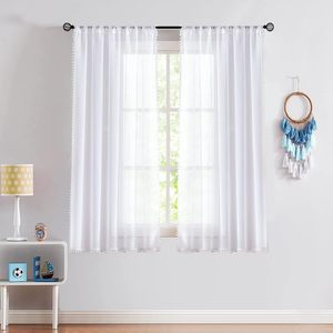 63 "vải lanh kết cấu thanh Túi cửa sổ sheers Pom Pom Trắng <span class=keywords><strong>Sheer</strong></span> rèm cửa 52 \" W x <span class=keywords><strong>2</strong></span> tấm phòng khách valances - Product Image 2