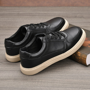 Black Genuine <b>Leather</b> Low Top Men's <b>Sneakers</b> Round Toe Lace Up Summer Breathable Casual Shoes - Product Image 2