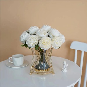 Bouquet de fleurs artificielles en soie, pivoines roses, ensemble de vase pour la décoration de table de salon - Product Image 4
