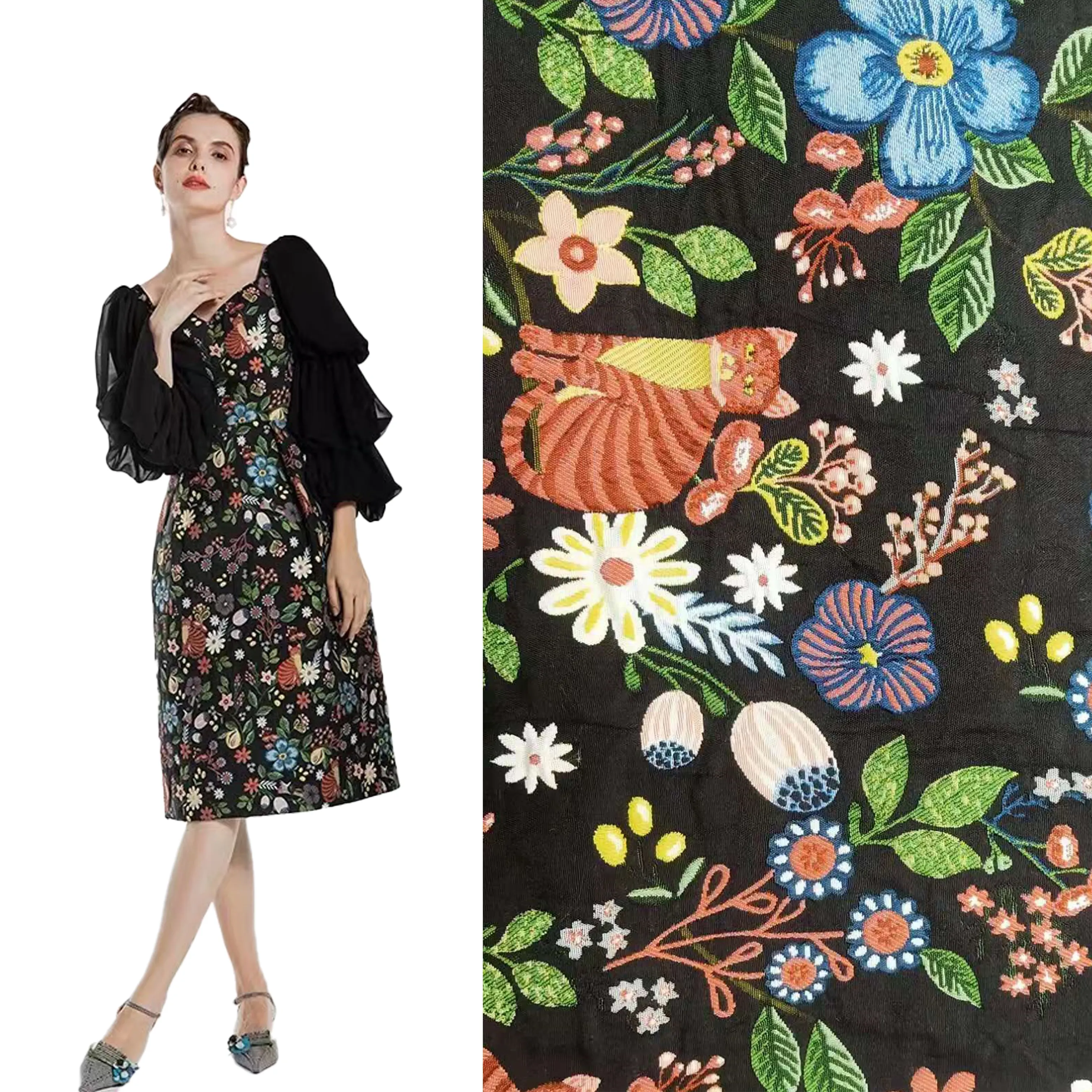 França estilo de luxo floral & gato 3d jacquard brocado tecido para vestido pano ou bolsa