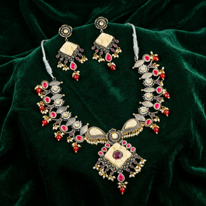 Oxidized Silver <b>Necklace</b> Set Carved Floral Motif <b>Ruby</b> Stone Pearl Drop Earrings Indian Ethnic Jewelry Wholesale For Women - Product Image 6