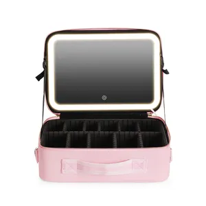 Logo personalizzato Multi-funzione Pink Travel Makeup Organizer Make Up Storage bag con led light mirror box