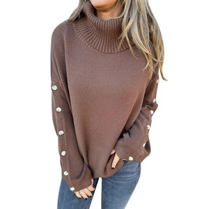 Black Knitted Pullover Sweater <strong>Turtle</strong> High <strong>Neck</strong> Loose Casual Winter Autumn <strong>Ladies</strong> Long Sleeve Buttons Knit <strong>Jumper</strong> Tops for Women - Product Image 4