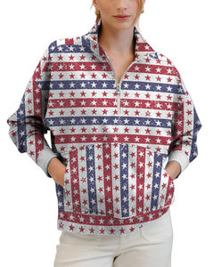 Sweat-shirt à col montant pour femme Lushwin, imprimé drapeau américain délavé, étoiles et rayures, avec poche kangourou - Product Image 5