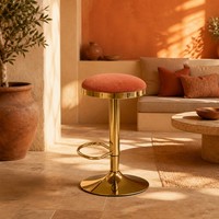 Tabouret de bar pivotant moderne en tissu rembourré, réglable en hauteur, avec base en métal doré poli et repose-pieds, pour la maison ou le comptoir de pub