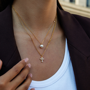 Collar Clásico <span class=keywords><strong>J</strong></span>&<span class=keywords><strong>D</strong></span> con Cruz de Perlas, Chapado en Oro de 18K, Acero Inoxidable, Minimalista, con Colgante de Cruz de Perlas de Vidrio y Circonia - Product Image 2