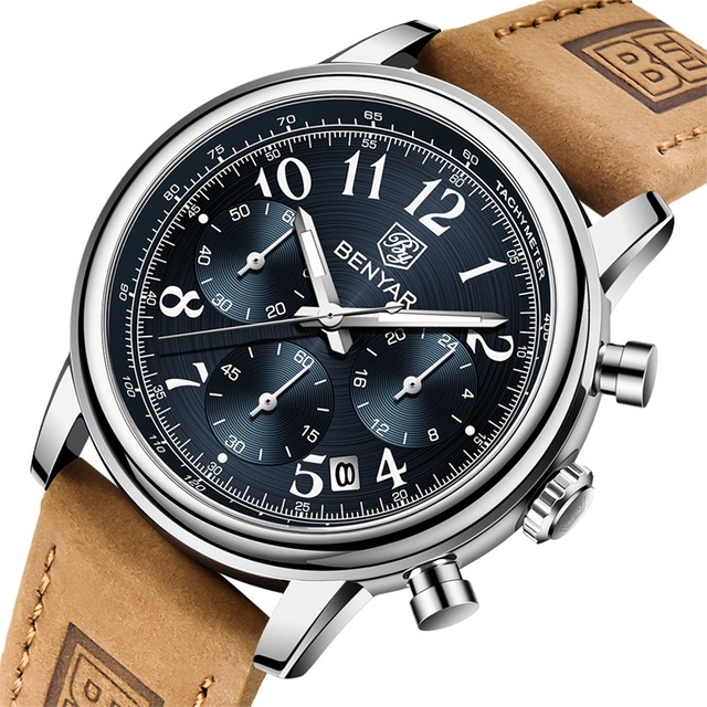 New Watches Men Luxury Brand BENYAR Chronograph Men Sport Watches High Quality Leather Strap Quartz Wristwatch Relogio Masculino