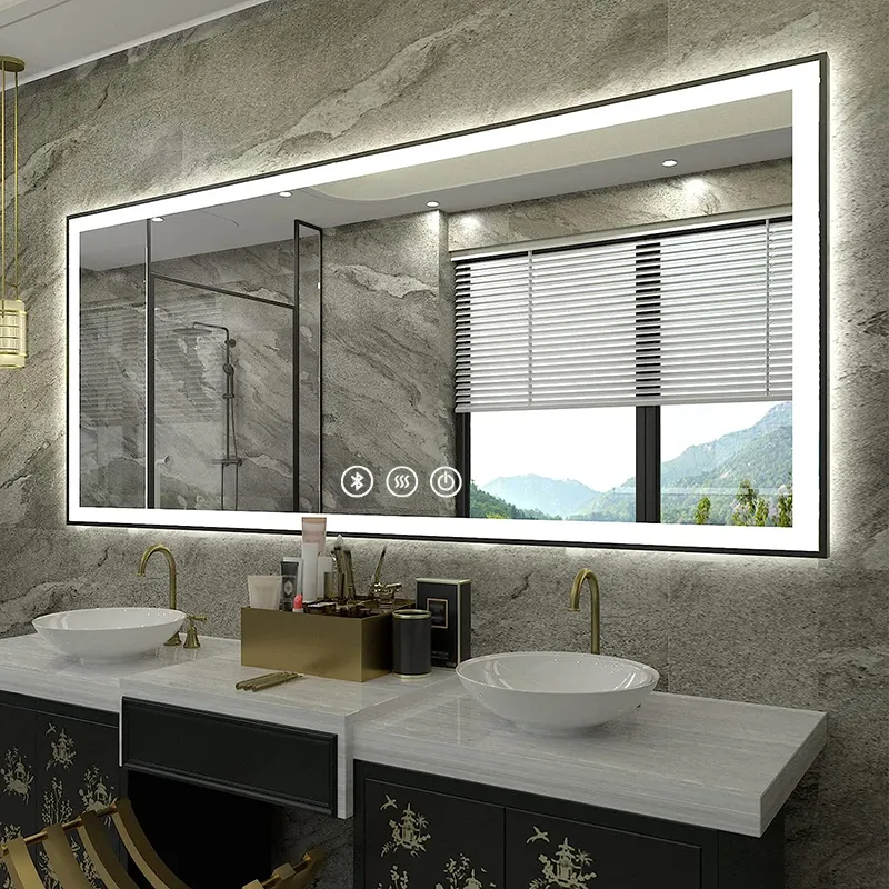 2024 스마트 led 빛 전신 화장대 거울 호텔 터치 스크린 욕실 led 거울 직사각형 방수 led 드레싱 거울