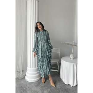 Robe longue en mousseline de soie menthe à volants avec col mandarin, silhouette trapèze, tissu respirant, taille naturelle - Product Image 4