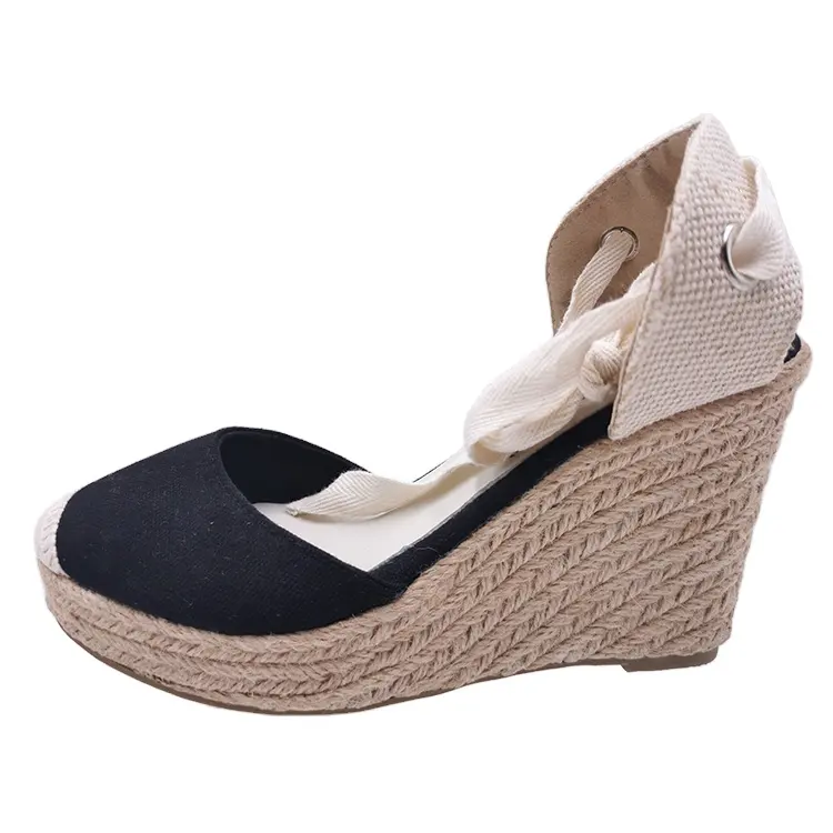 ผู้ผลิตมืออาชีพธรรมชาติJute Niceผ้าใบฤดูร้อนรองเท้าส้นสูงรองเท้าแตะWedge Espadrilles