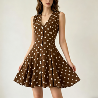 Robe Courte Été 2026 Style Français Femme à Pois Sans Manches Col V Boutonnée Coupe Évasée
