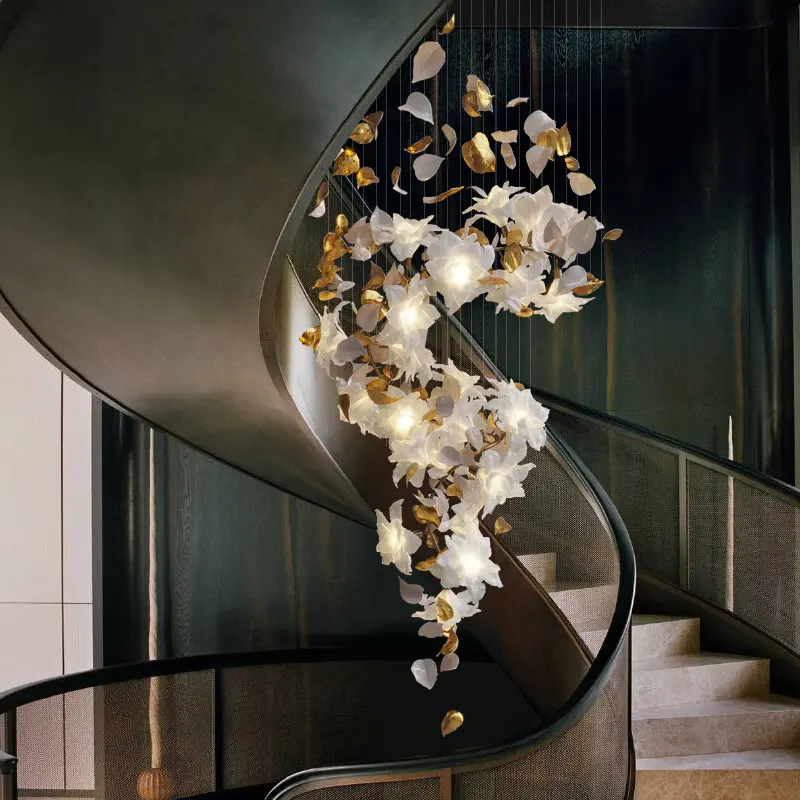 Chất lượng cao Handmade Hoa hình dạng đèn thủy tinh Sảnh cầu thang pha lê đèn chùm ánh sáng mặt dây chuyền