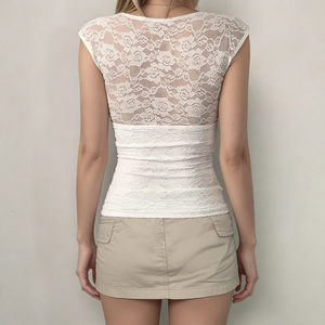 Camiseta de punto ajustada para mujer con encaje, volantes, cuello en V y botones frontales, manga corta, estilo casual de verano - Product Image 3