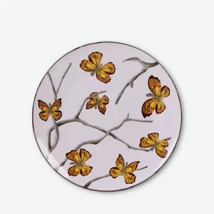 Natural style ceramic dinner set yellow butterfly wedding for hotels high hard porcelain plates dinnerware