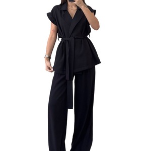 Costume décontracté uni pour femmes, sans manches, avec pantalon large et court - Product Image 6
