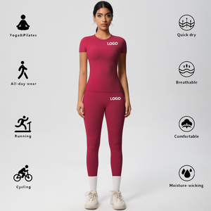 Conjunto Deportivo de 2 Piezas para <span class=keywords><strong>Mujer</strong></span> de <span class=keywords><strong>Camiseta</strong></span> de <span class=keywords><strong>Manga</strong></span> <span class=keywords><strong>Corta</strong></span> de Entrenamiento y Pantalones de Yoga de Nailon para Fitness al Aire Libre - Product Image 6