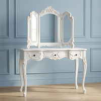 Tocador de Maquillaje Estilo Francés Vintage en Blanco Antiguo con Espejo y Almacenamiento, Diseño Europeo en Madera Maciza de Caoba para Dormitorio