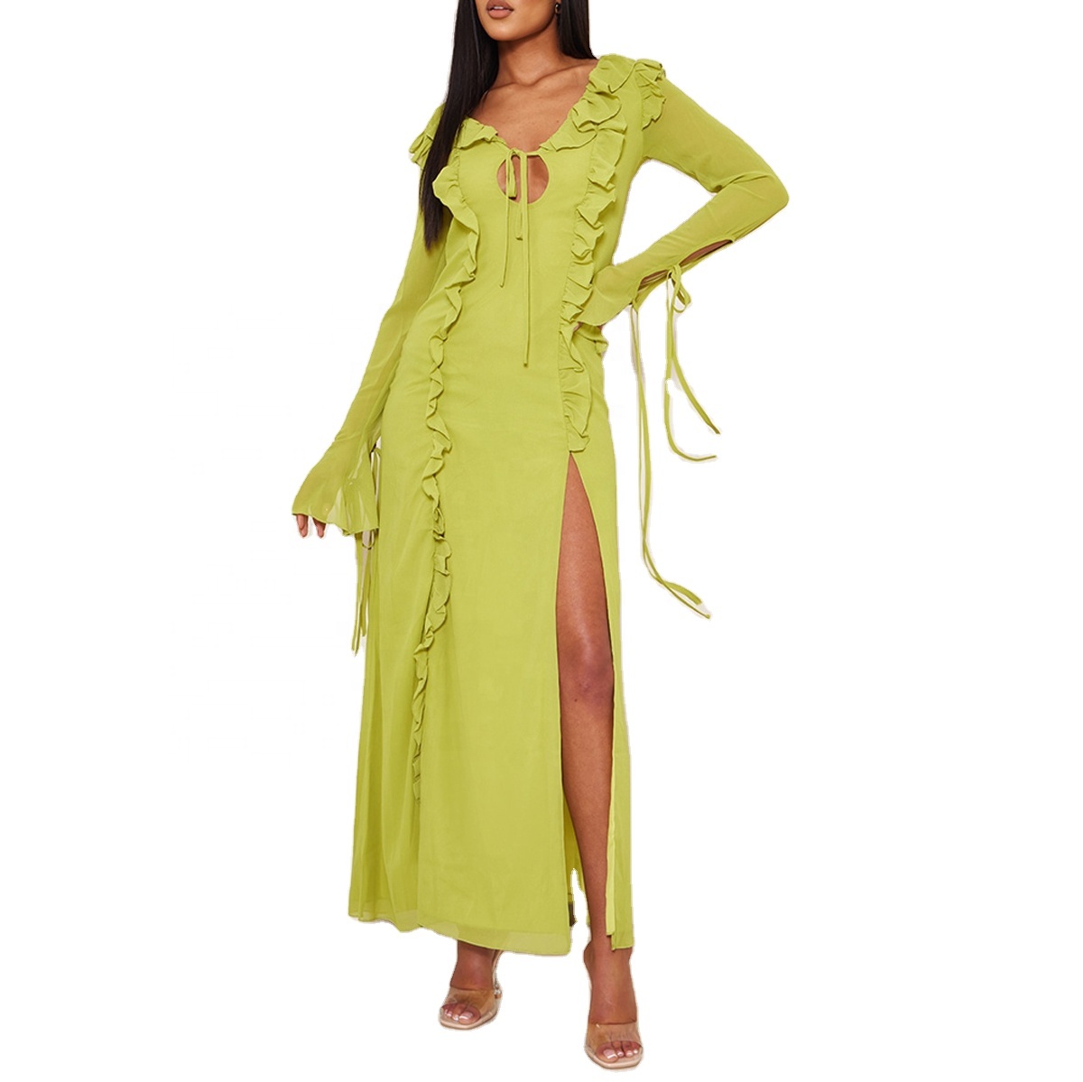 chinese dress ladies Front Cut-Out Lime Green Bodycon Midi Dress– PromGirl