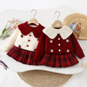 Ensemble Automne Nouveauté 2025 pour Fille : Cardigan en Maille Rouge, Pull à Col <span class=keywords><strong>Fraise</strong></span> et Jupe à Carreaux - Product Image 1