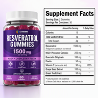 Gummies véganes au Resvératrol, NAD+, Quercétine, Fisétine, Vitamine C, Pépins de Raisin, Thé Vert 1500 MG, Véganes, 60 Comprimés