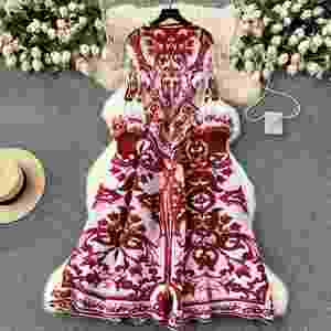 Vestido Maxi Plisado Romano Tejido Ecológico para Mujer, Estampado Imperio con Encaje, Morado, Borgoña, Rojo - Product Image 2