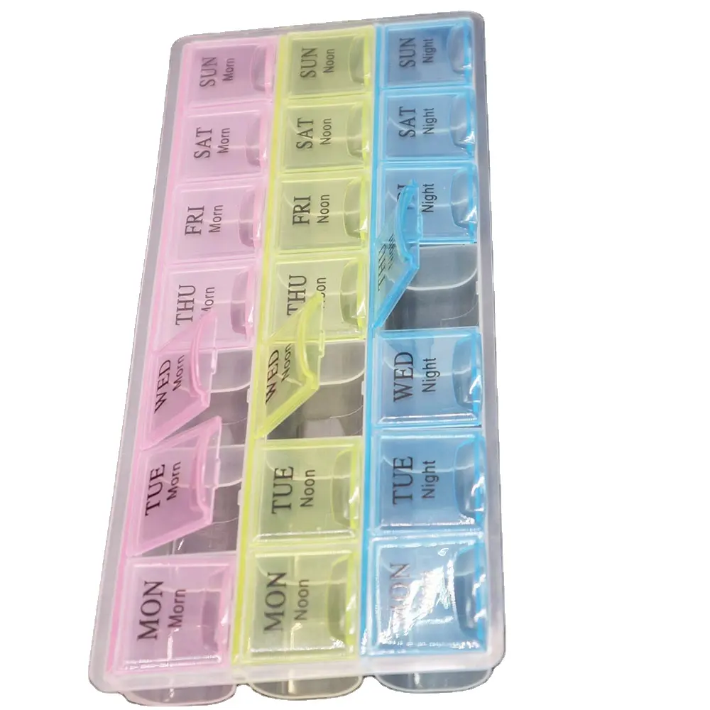 Promotional weekly pill organizer 21 compartment 3 times a day plastic pill box Vitamin planner box