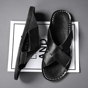 Black Genuine Leather Cross Strap <b>Slippers</b> With EVA Sole Anti-Slip Summer Indoor Men's Flip-Flops - Product Image 4