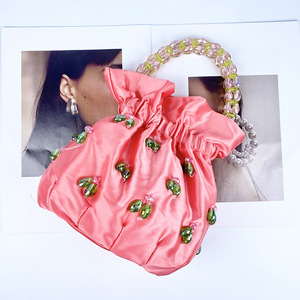 Ladies Fashion Open for <strong>Green</strong> Crystal Pearl Canvas <strong>Clutch</strong> with Drawstring Handmade Satin Handbag Purse Women Cross-Body Strap - Product Image 5