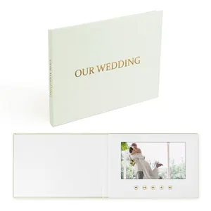 Folleto de libro de invitados de video de boda con cubierta de lino con folleto de video de boda de tapa dura de lino de 7 pulgadas con lámina dorada