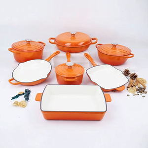 Ensemble de 11 pièces de batterie de cuisine classique <span class=keywords><strong>en</strong></span> <span class=keywords><strong>fonte</strong></span> émaillée rouge, durable, écologique et sain, comprenant poêle à frire, casseroles et faitouts de cuisine - Product Image 2