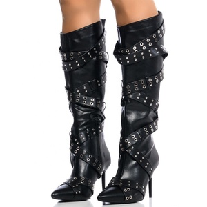 Trending Gold Side Zipper Women's Knee High Boots Pointed Toe Metal Studded Cross Straps Long Booties Stiletto Heel <b>Shoes</b> - Product Image 1