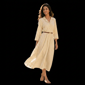 Vestido Camisero de Lino para Mujer, Maxi, Manga Tres Cuartos, Cuello Camisero, Dobladillo Acampanado, Corte Holgado con Cinturón, Estilo Casual para Primavera - Product Image 1