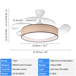 Y281 nuevo 42 en tela de cáñamo en forma de luz LED Invisible sin aspas Control remoto vid arte ventilador lámpara colgante para decoración del hogar 110-220V - Product Image 2