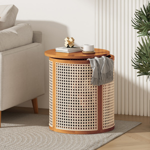 Table d'appoint ronde tressée en bois d'hévéa avec plateau en rotin, petite table d'appoint pour salon et chambre - Product Image 1