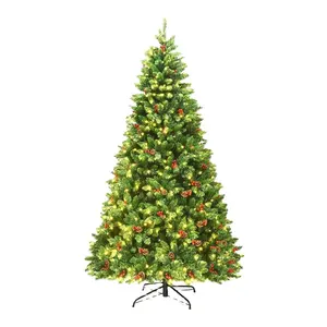 7.5 ft LED Pre-lit artificial lighted Christmas tree with sturdy metal stand and pine cones and red berries