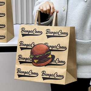 Custom Eco-Friendly Food Brown Kraft Paper Bags with Handle Custom Logo Printed for Fast Food <b>Snack</b> Takeout and Delivery Service - Product Image 4