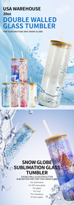 Verre à sublimation vierge 20oz, double paroi, transparent, forme droite et étroite, effet globe à neige, avec couvercle en bambou et paille, pour vinyle, entrepôt USA - Product Image 3