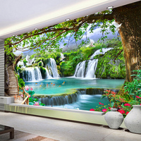Papel Tapiz Mural 3D Personalizado de Cualquier Tamaño con Paisaje Natural de Cascada en Bosque Verde para Sala de Estar, Dormitorio, Papel de Pared Fotográfico