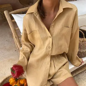 RedPeony Women Outfits 2024 Loose Cotton Linen Suit Women's Summer Suit Shirt and Shorts Long Sleeve Top Oversize Two piece Set