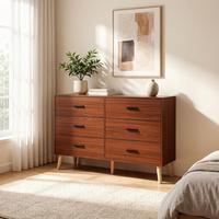 Lemari Pakaian 9 Laci Gaya Mid Century Modern, Kabinet Penyimpanan Kayu Lapis, Kaki Runcing, Finishing Walnut, Gudang Perlengkapan Kamar Tidur