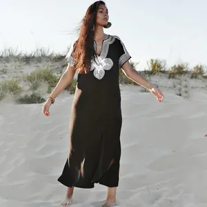 ढीला समुद्र तट स्कर्ट काले कशीदाकारी गाँठ छाती पर रेयान ब्लाउज तुर्की कफ्तान पोशाक