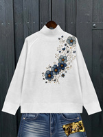 Sweter Rajut Wanita Motif Bunga Biru Kerah Tinggi Lengan Panjang Bordir Bunga Pullover Jumper Rajutan Putih