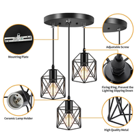 Lampe suspendue industrielle 3 lumières style ferme avec cordons réglables et cage métallique pour cuisine, expédiée depuis notre entrepôt aux États-Unis