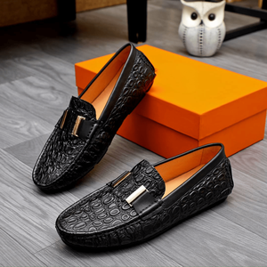 Mocasines de cuero negro repujado para hombre con hebilla metálica, zapatos casuales y formales sin cordones, hermessing - Product Image 6