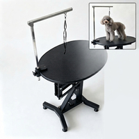 Table de toilettage professionnelle ronde pneumatique pour chien, réglable en hauteur, avec plateau antidérapant et bras de maintien